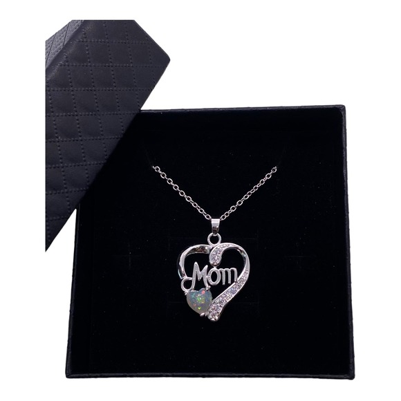 18" Silver Imitation Diamond Opal Mom Heart Necklace in Gift Box - Picture 2 of 5